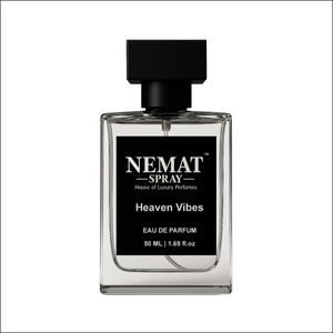 Nemat Heaven Vibes 50ml Eau De Parfum. Clear glass rectangular bottle with black label and square black cap.