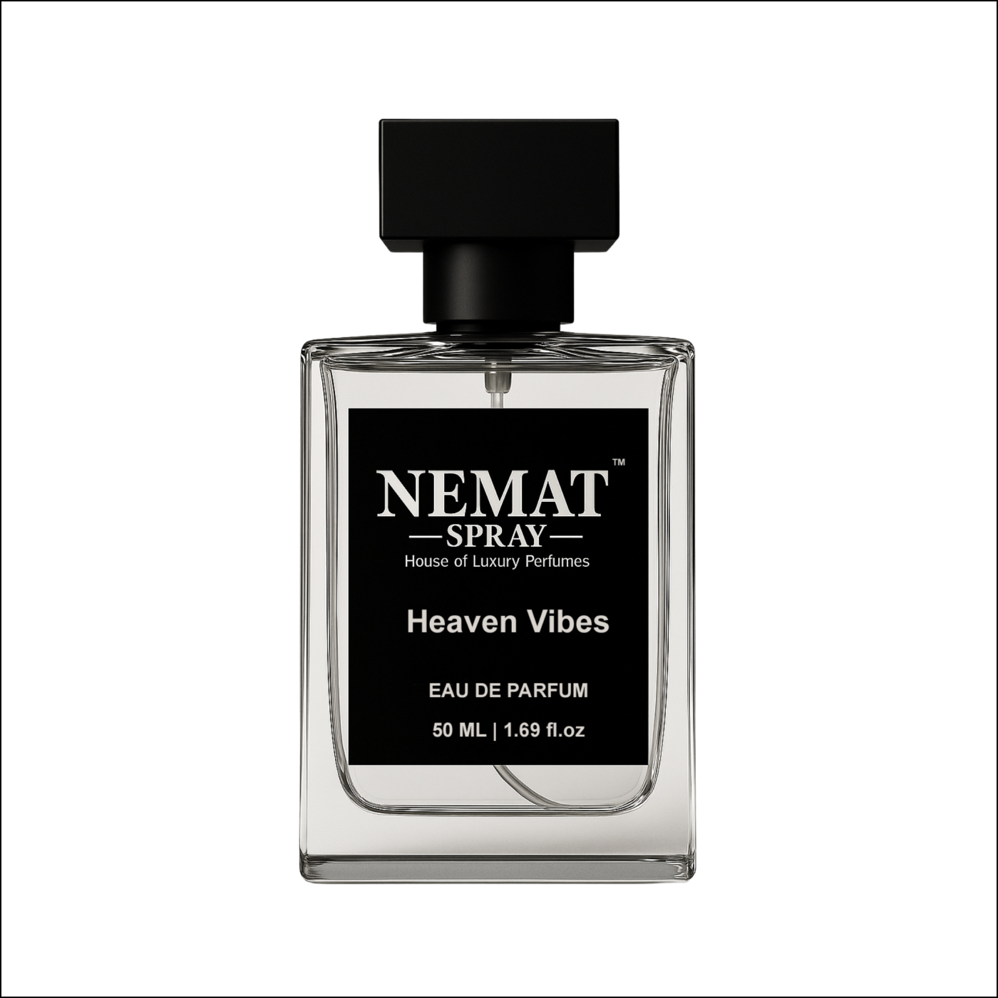 Nemat Heaven Vibes 50ml Eau De Parfum. Clear glass rectangular bottle with black label and square black cap.