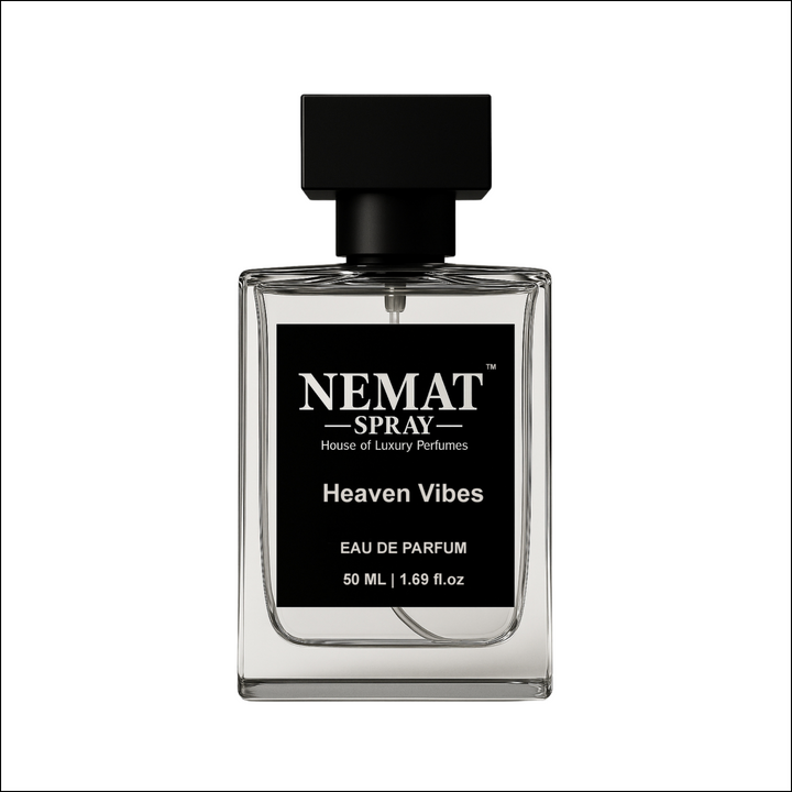 Nemat Heaven Vibes 50ml Eau De Parfum. Clear glass rectangular bottle with black label and square black cap.