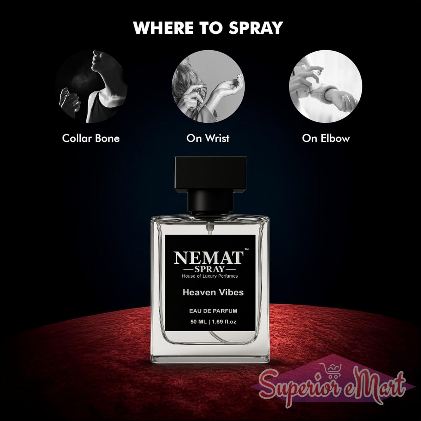 Nemat Heaven Vibes perfume bottle on red velvet with a guide for spraying on the collar bone, wrist, and elbow.