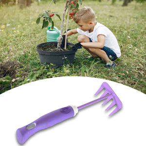 Child using heavy duty garden tools to tend to a potted plant in a lush garden setting