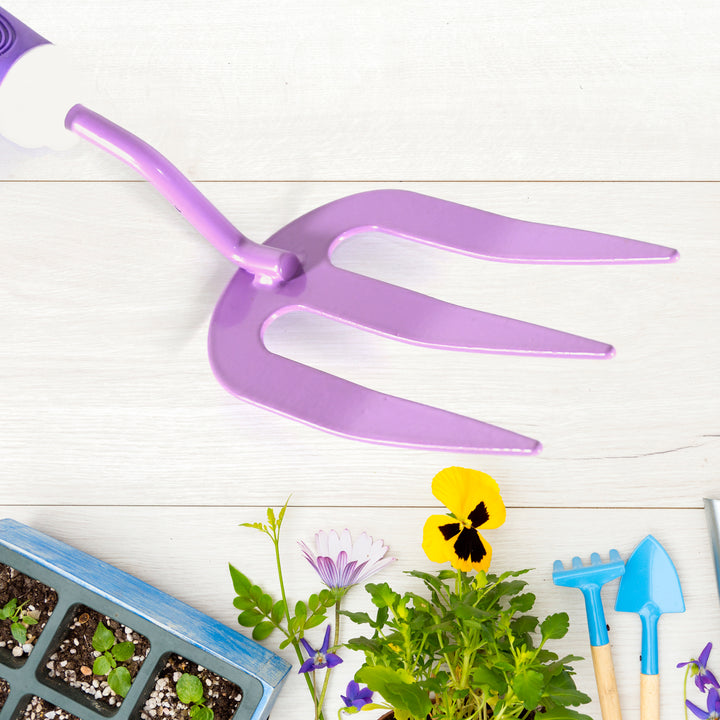 Purple heavy duty garden tools with a three-prong cultivator for easy digging and planting