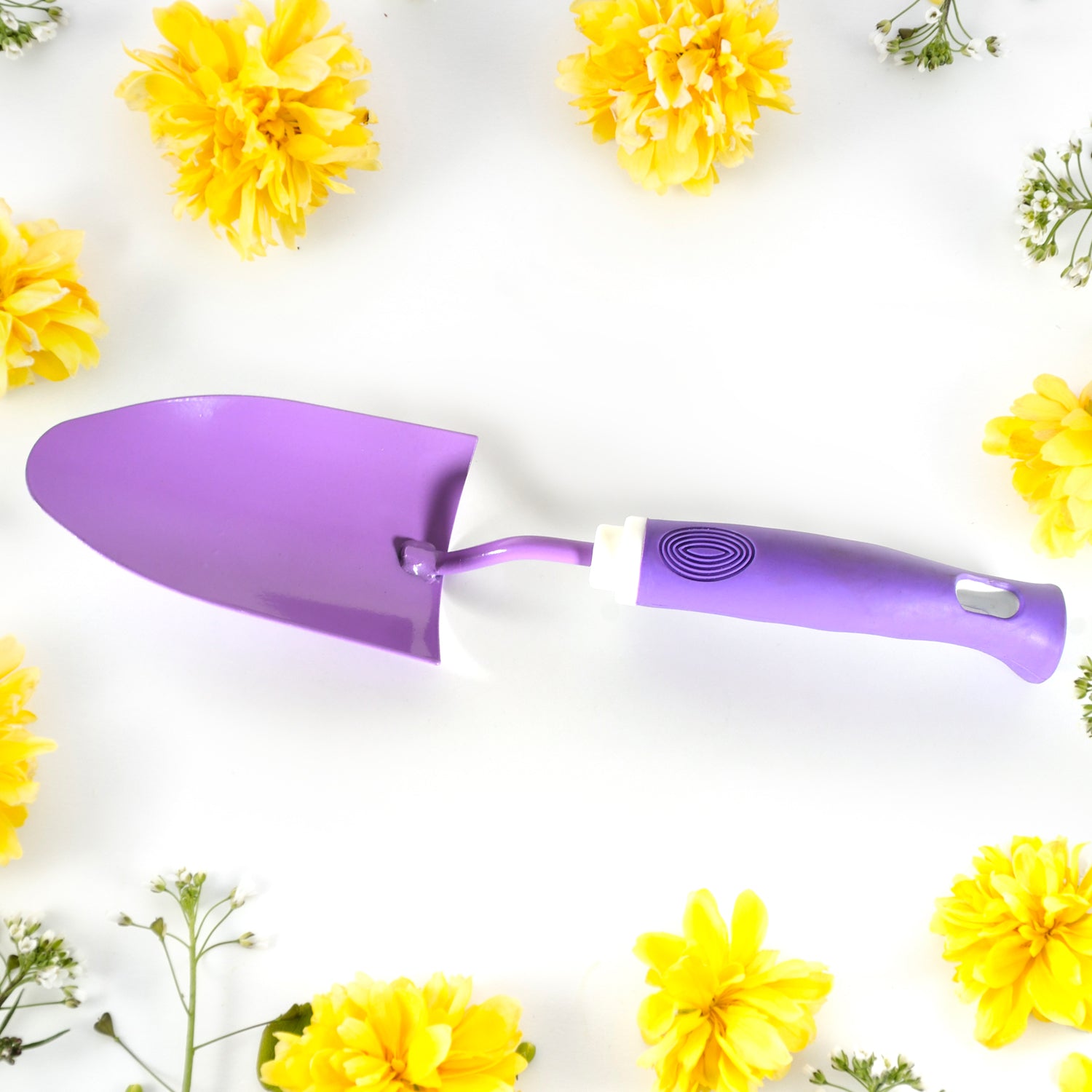 Superior eMart heavy duty garden tools with a purple trowel surrounded by vibrant yellow flowers