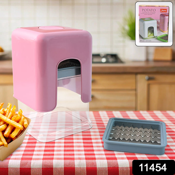 Superior eMart heavy duty potato chipper in pink with stainless steel blades and clear container on kitchen table