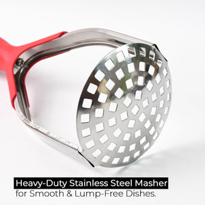 Heavy duty potato masher with stainless steel design for smooth and lump-free dishes