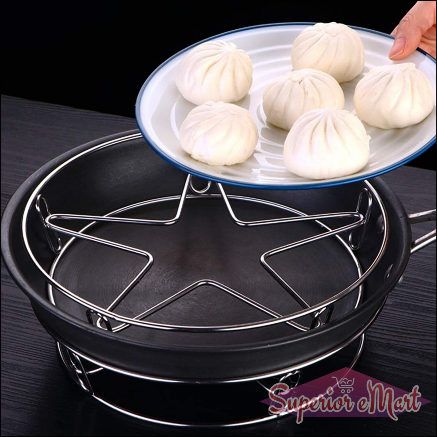 Heavy duty stainless steel gas stove stand with steaming pot and dumplings on plate for cooking