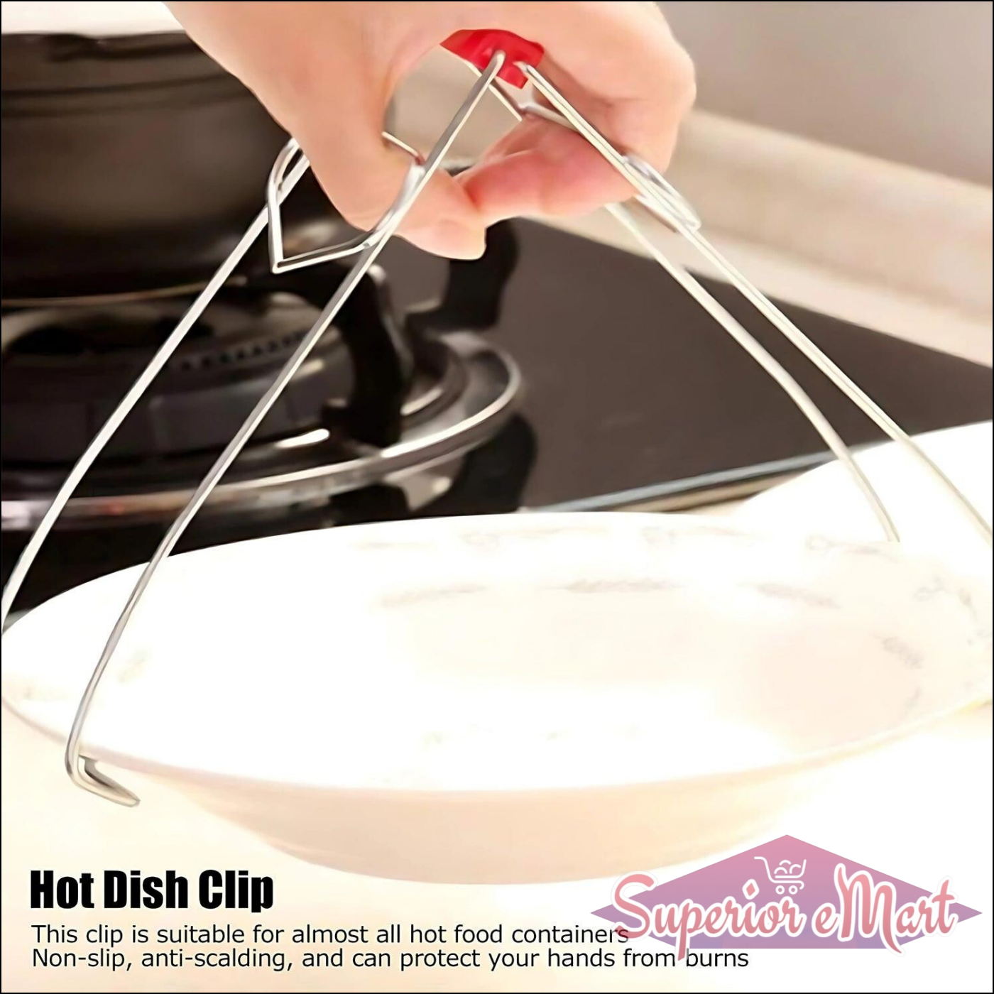 Stainless steel dish gripper tongs in use for safely handling hot food containers in the kitchen