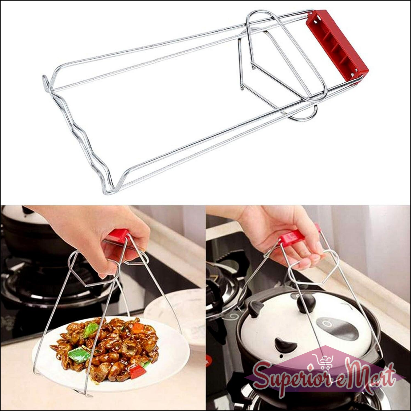 Stainless steel dish gripper tongs for safe and easy handling of hot dishes in the kitchen