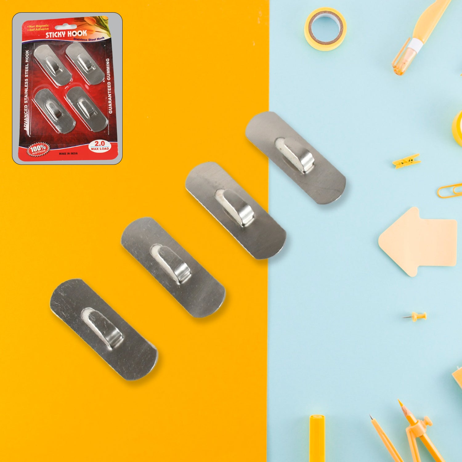 Heavy duty wall hooks pack with four durable adhesive hooks for home organization