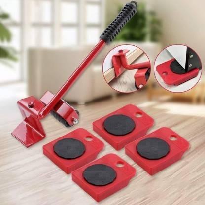 Red heavy furniture lifter kit with a lever and four sliding pads for easy moving of heavy items