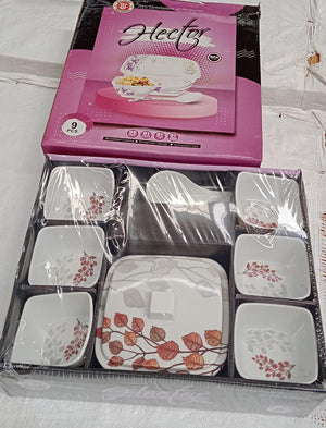 Superior eMart 9 piece dessert bowl set with leaf pattern on white ceramic bowls in gift box