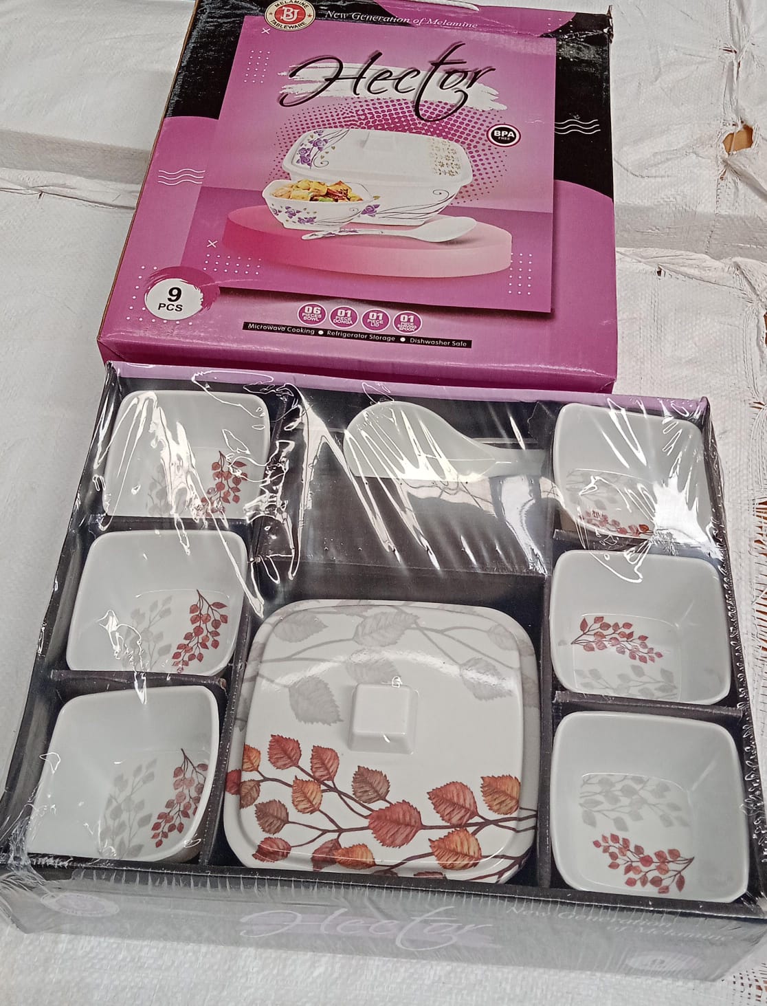 Superior eMart 9 piece dessert bowl set with leaf pattern on white ceramic bowls in gift box