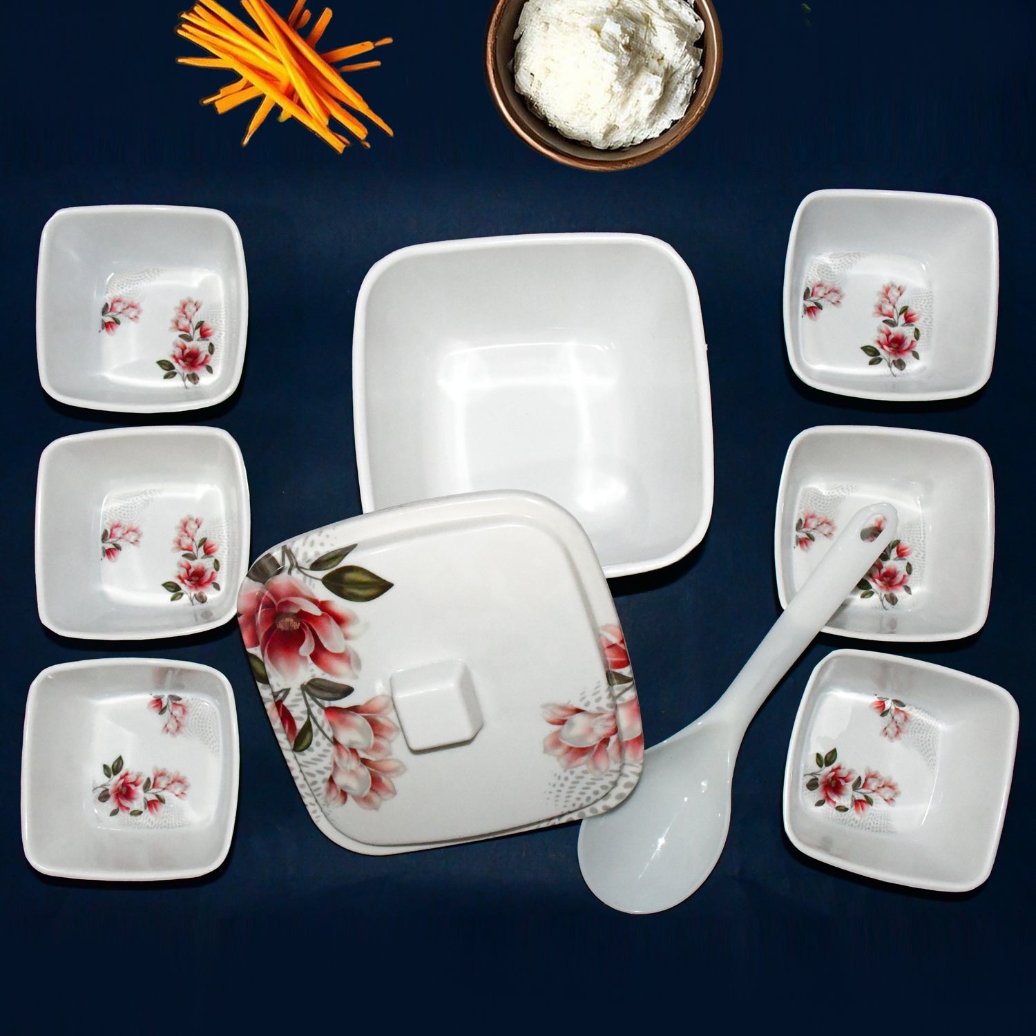Superior eMart 9 piece dessert bowl set with floral design and spoon for serving sweets