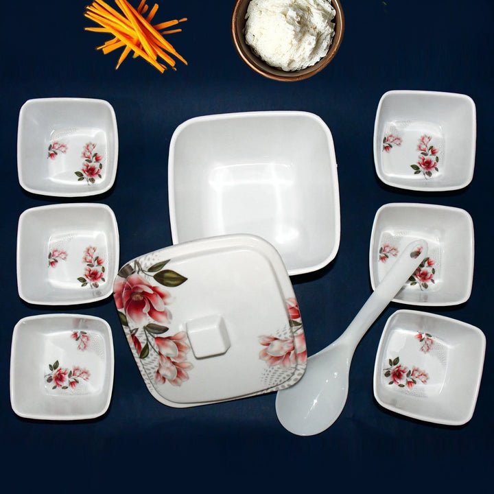 Superior eMart 9 piece dessert bowl set with floral design and spoon for serving sweets