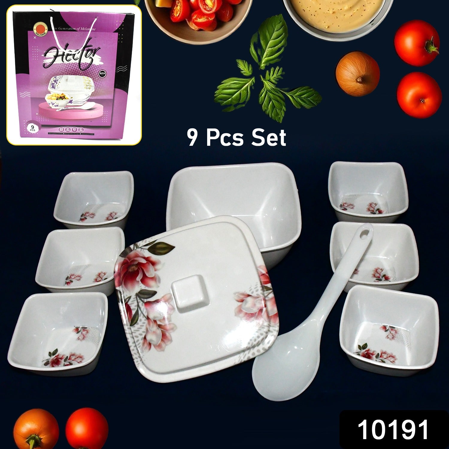 Superior eMart 9 piece dessert bowl set with floral design white bowls and serving spoon