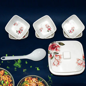 Superior eMart 9 piece dessert bowl set with floral design and serving spoon on dark background