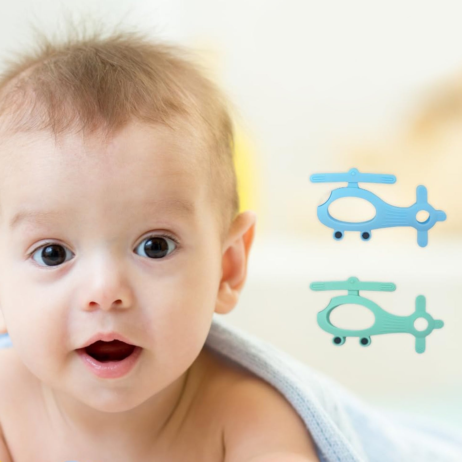 Helicopter shape teether in blue, perfect for soothing babies during teething