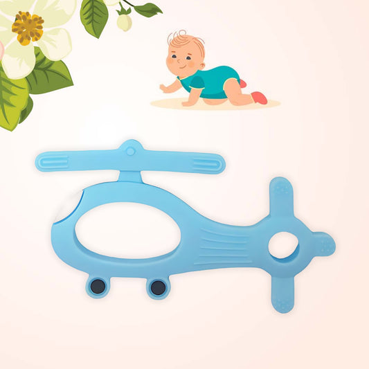 Blue helicopter shape teether designed for infants to soothe teething discomfort