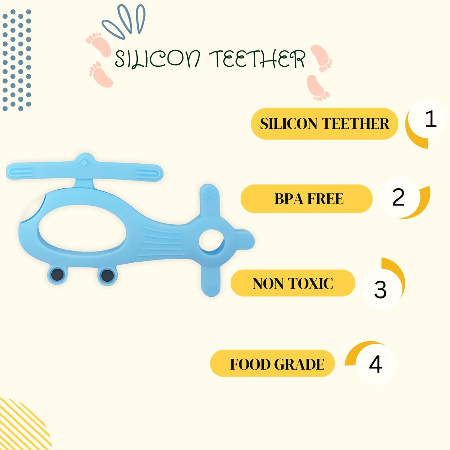 Helicopter shape teether in blue made from food grade silicone, BPA free and non-toxic for safe teething
