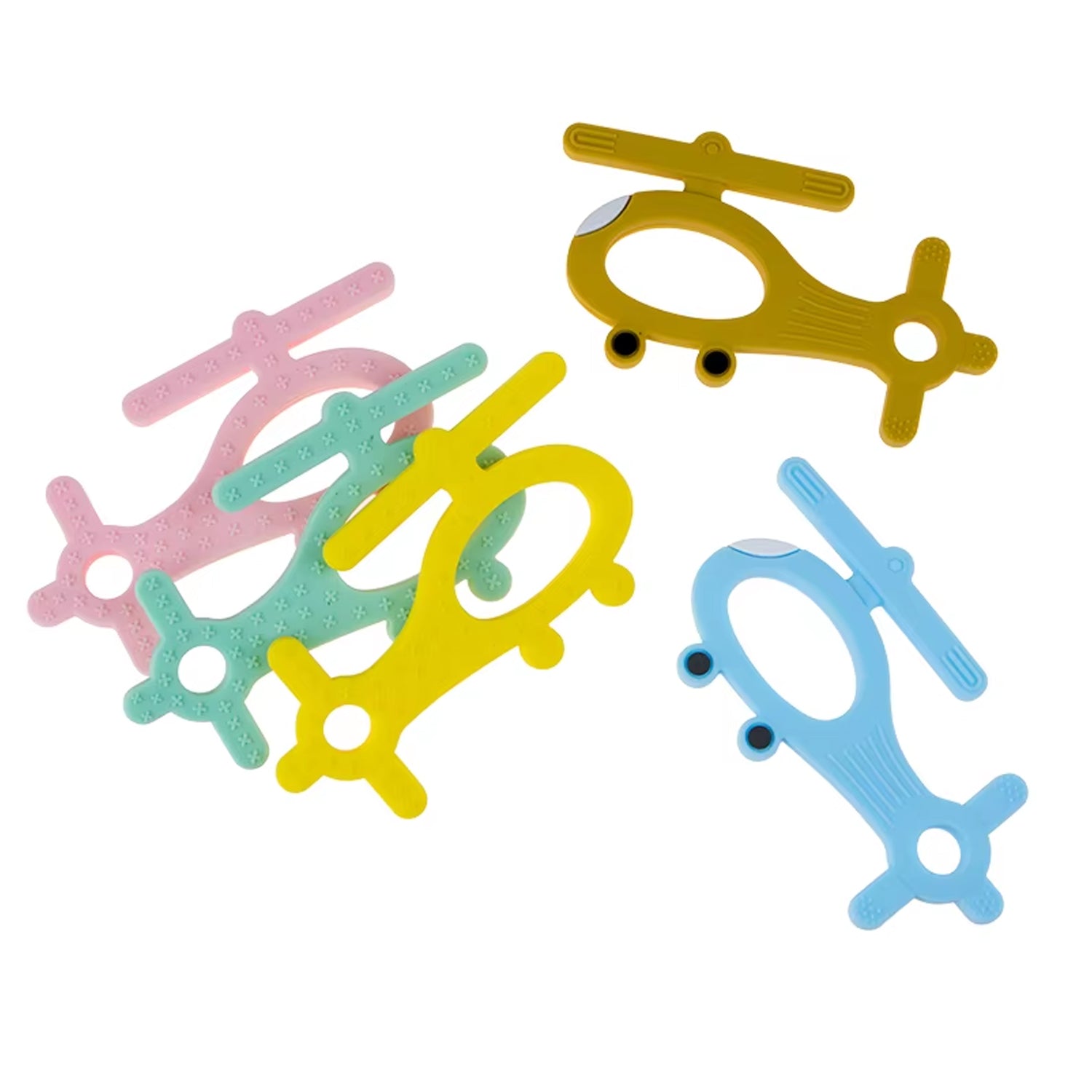 Colorful helicopter shape teether toys in pink, blue, yellow, and green for soothing babies' gums
