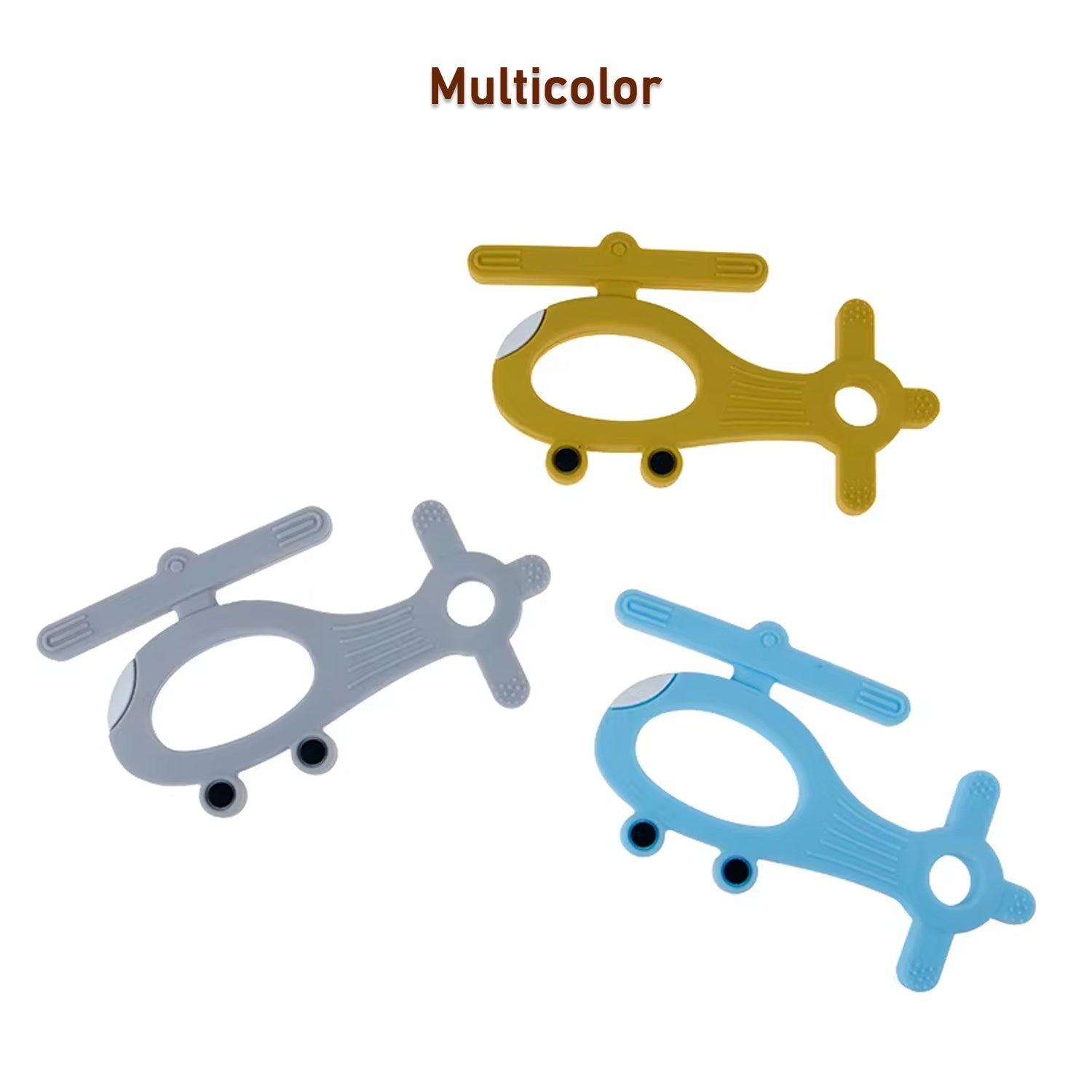 Multicolor helicopter shape teether designed for soothing babies during teething