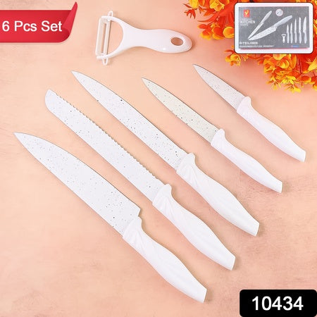 Marble coated kitchen knife set with five sharp knives and a peeler for versatile food preparation