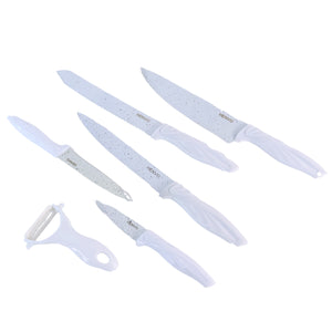 Marble coated kitchen knife set from Superior eMart with ergonomic handles and various blade sizes