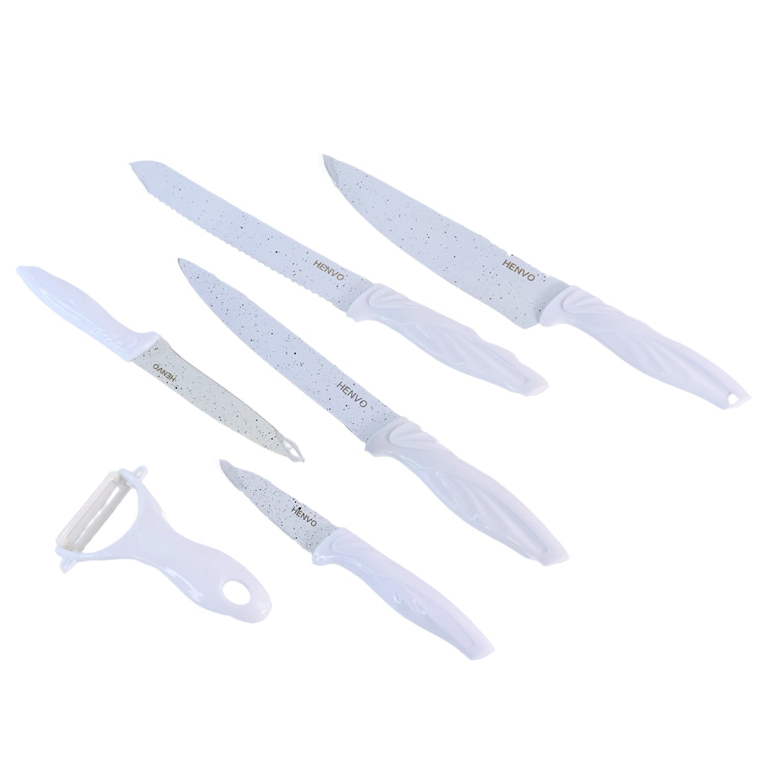Marble coated kitchen knife set from Superior eMart with ergonomic handles and various blade sizes