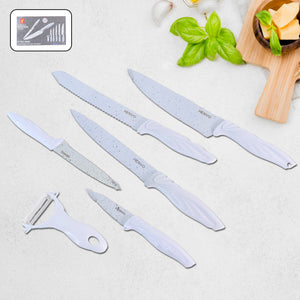 Marble coated kitchen knife set including assorted knives and peeler for efficient food preparation