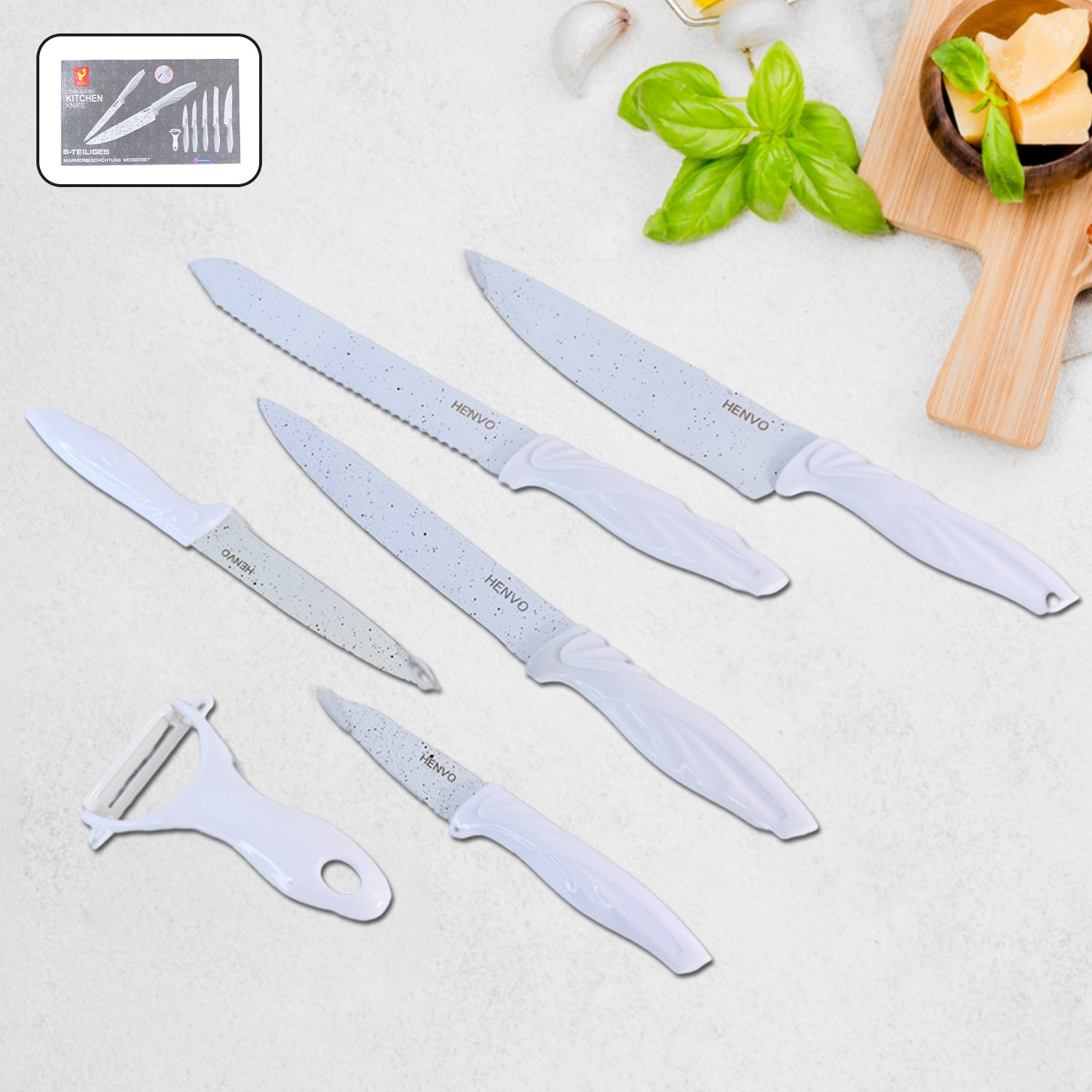 Marble coated kitchen knife set including assorted knives and peeler for efficient food preparation