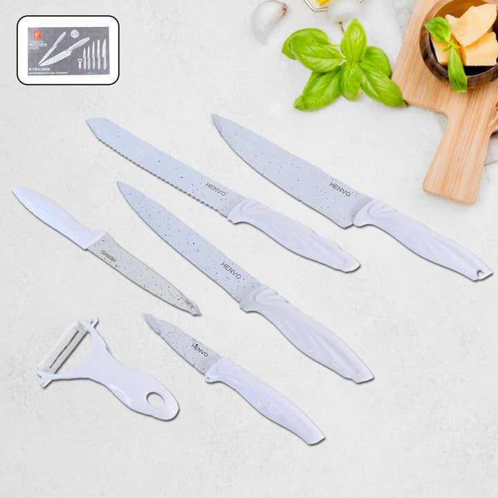 Marble coated kitchen knife set including assorted knives and peeler for efficient food preparation