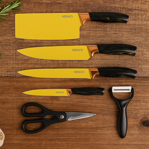 Superior eMart professional kitchen knife set with ergonomic handles and vibrant yellow blades