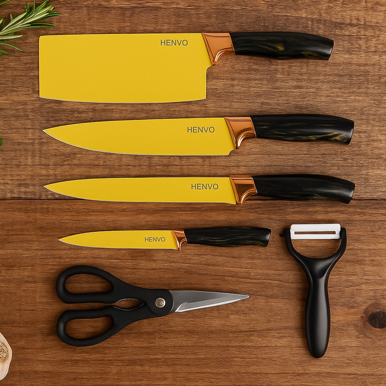 Superior eMart professional kitchen knife set with ergonomic handles and vibrant yellow blades