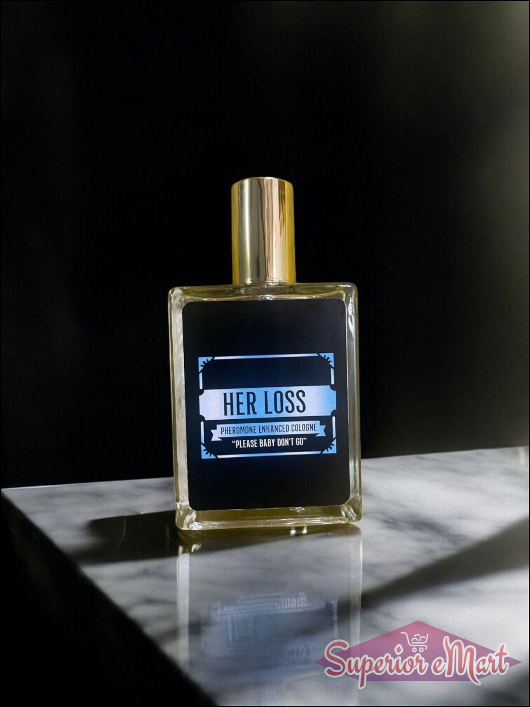 Her Loss signature perfume displayed on a marble surface, featuring a gold cap and sleek design.
