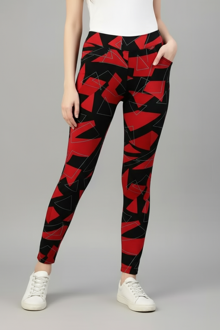 High waist black and red leggings for women with geometric patterns and pockets