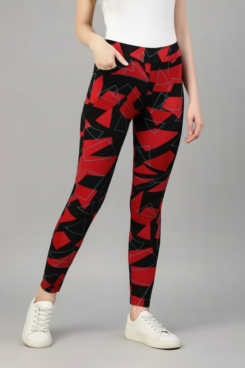Stylish high waist black and red leggings for women featuring a geometric pattern and secure pockets