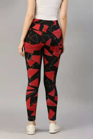 Back view of high waist black and red leggings for women with geometric pattern design