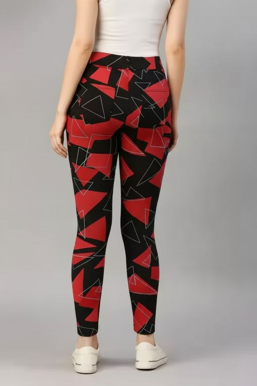 Back view of high waist black and red leggings for women with geometric pattern design
