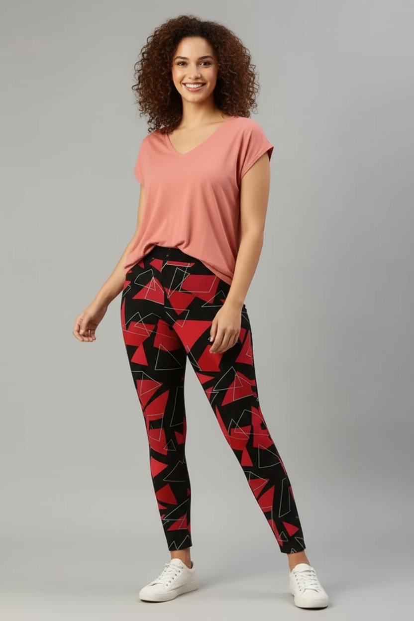Trendy high waist black and red leggings for women with geometric patterns, perfect for casual outfits