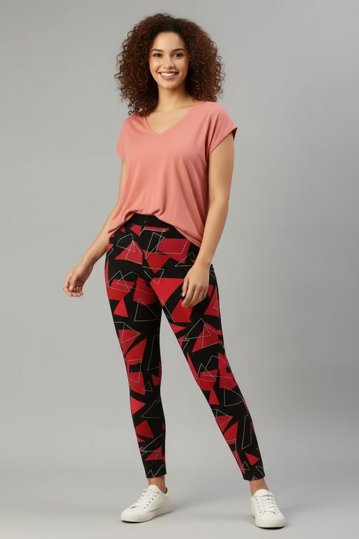 Trendy high waist black and red leggings for women with geometric patterns, perfect for casual outfits