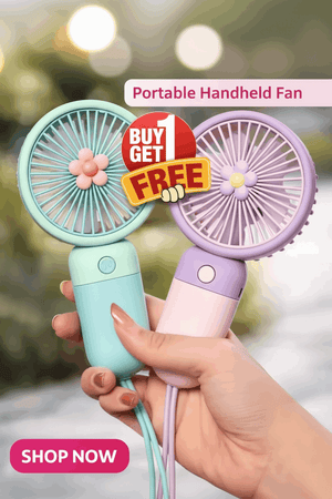 Two portable handheld fans, one blue and one pink, held by a hand with a 'Buy 1 Get 1 Free' offer displayed.
