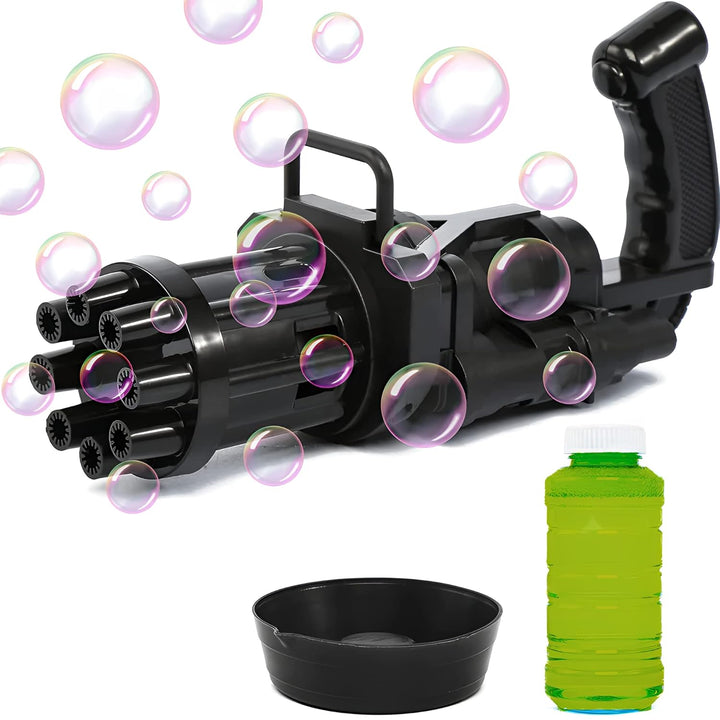 Black bubble gun with bubbles, black bowl, and green bubble solution bottle on a white background