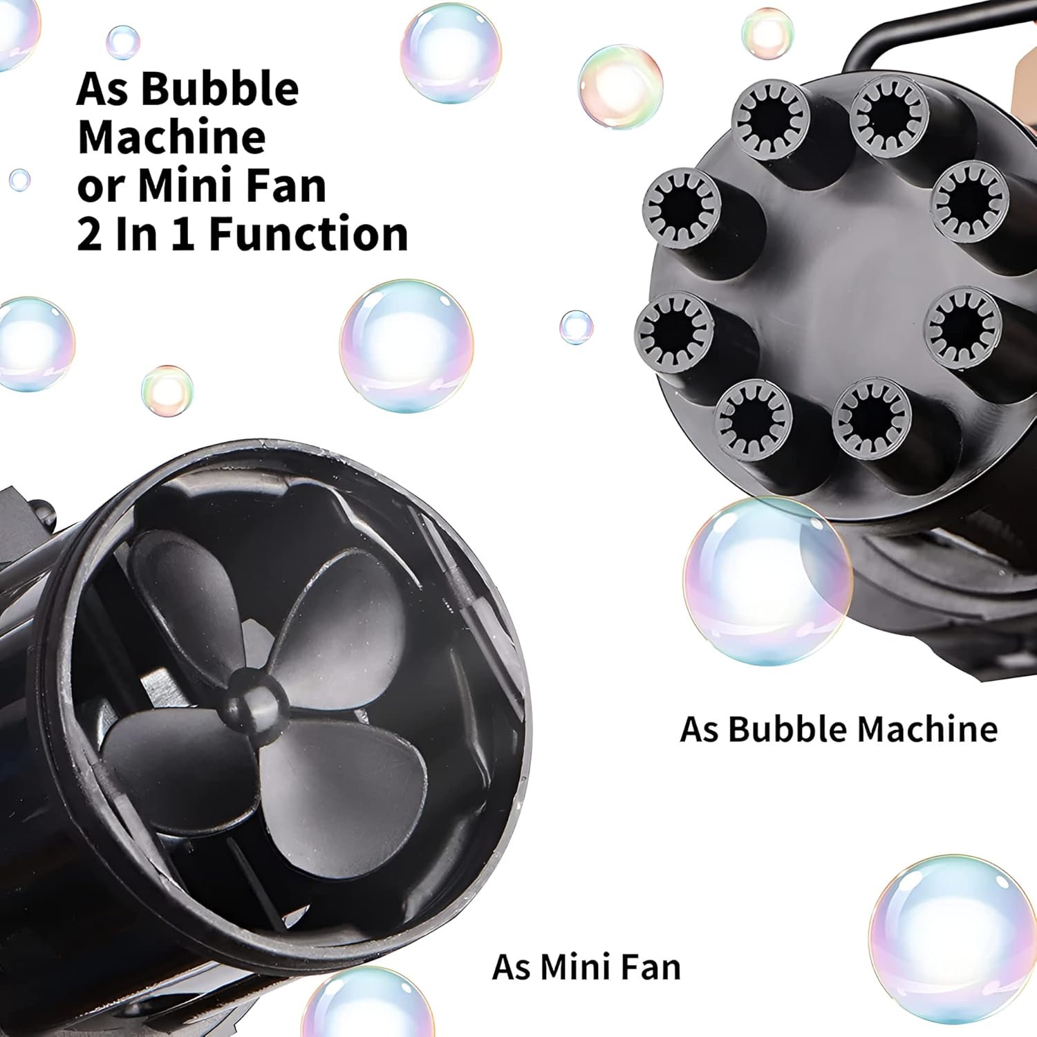 Black bubble machine with propeller design, surrounded by bubbles, on a white background.