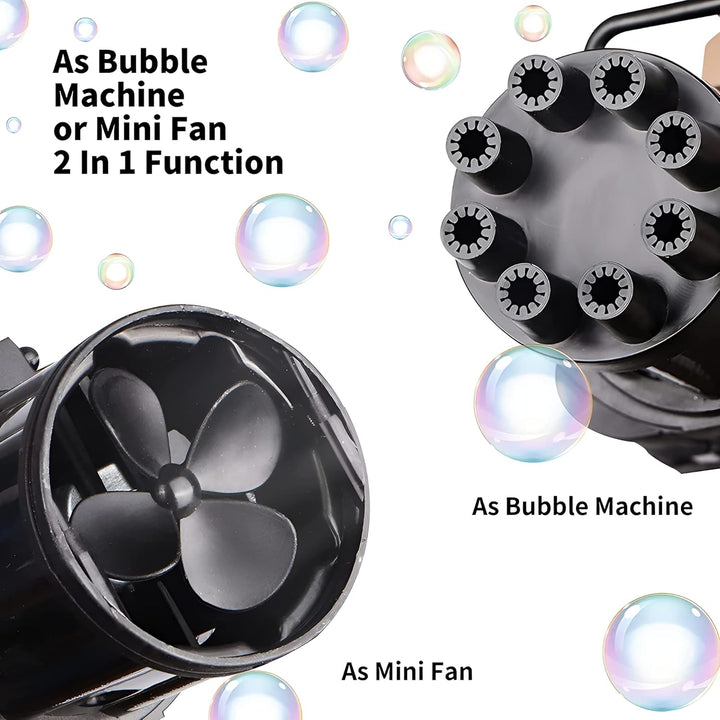 Black bubble machine with propeller design, surrounded by bubbles, on a white background.