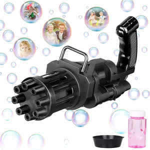Black bubble gun with bubbles and a bottle in the background
