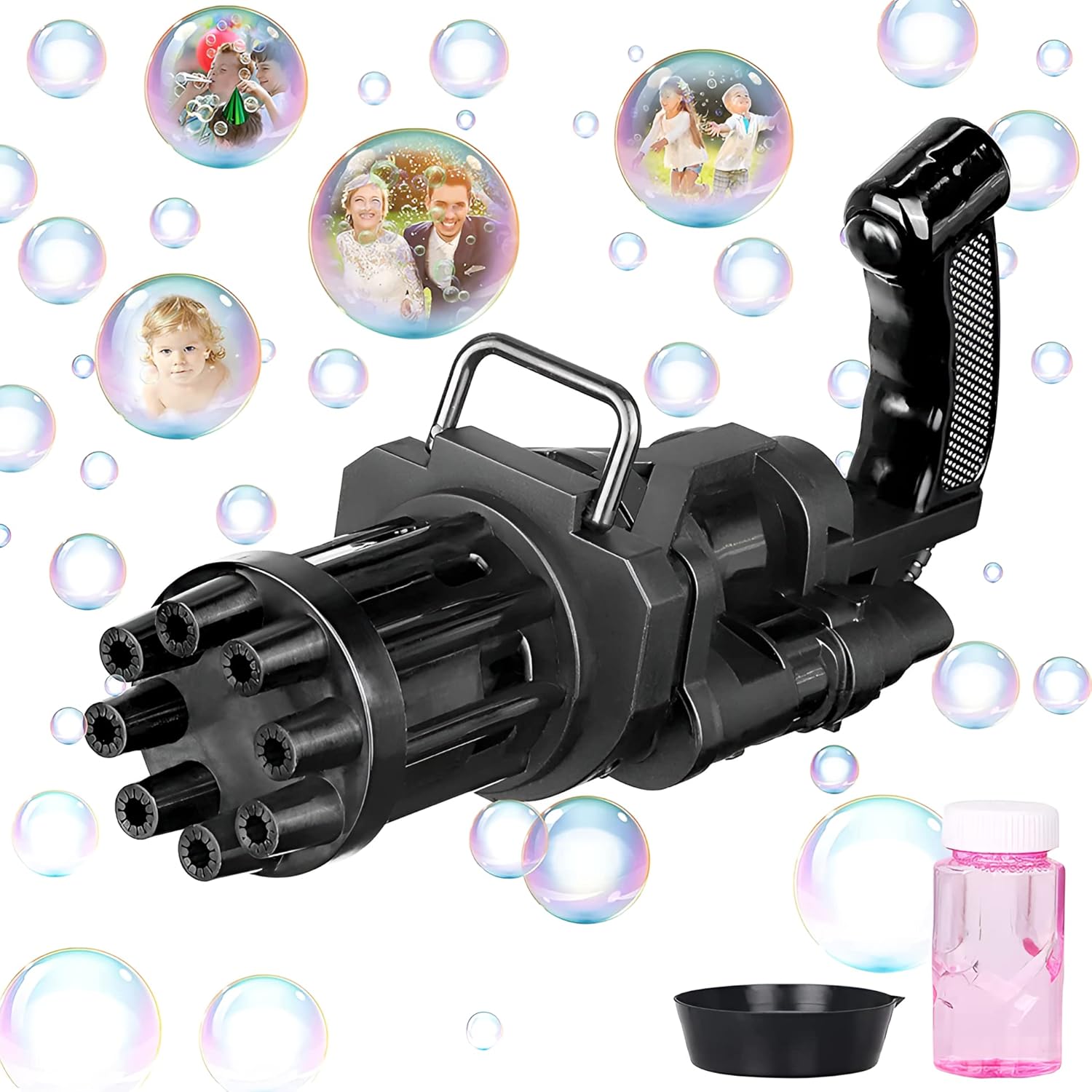 Black bubble gun with bubbles and a bottle in the background