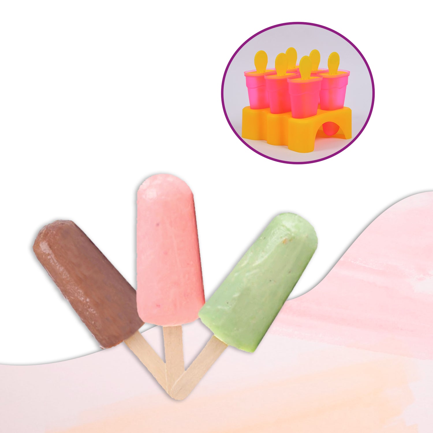 Homemade kulfi maker set with colorful molds and three delicious kulfi flavors on wooden sticks