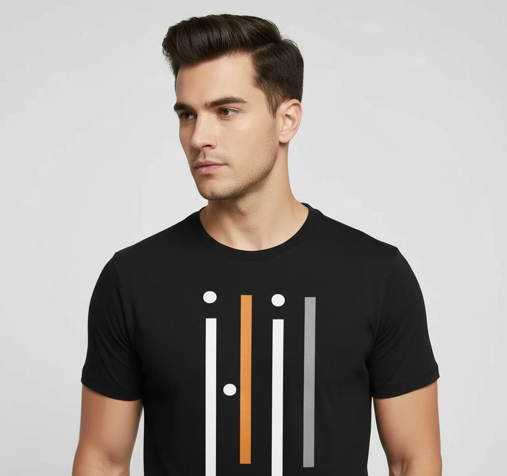 Man wearing a black t-shirt with a graphic design on a white background