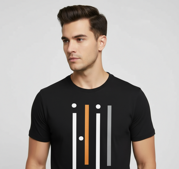 Man wearing a black t-shirt with a graphic design on a white background