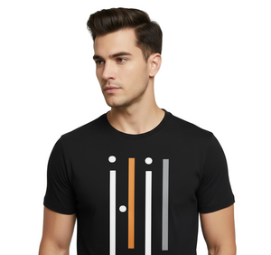 Man wearing a black t-shirt with a minimalist design on a white background